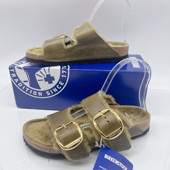 Birkenstock Arizona Big Buckle Shearling Olive Green Sandals Oil Leather EU 37 - Picture 4 of 13